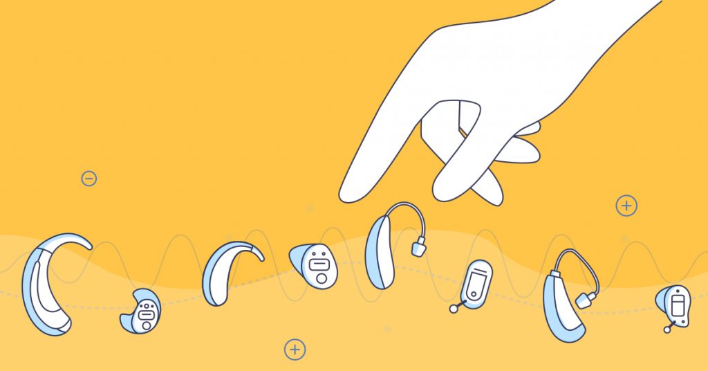 Illustration of a hand selecting from a variety of hearing aids