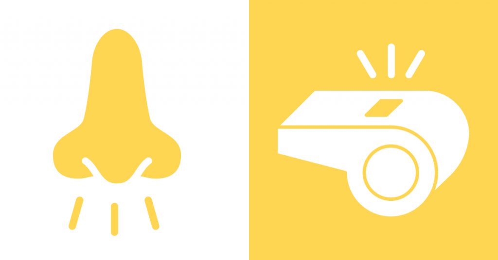 Split screen illustration: on the left a nose, on the right a whistle, both in yellow