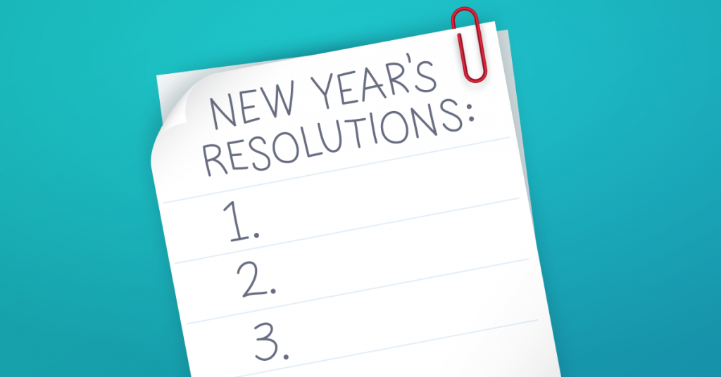Illustration of papers clipped together with a red paper clip. Top sheet lists New Year's Resolutions and an empty list.